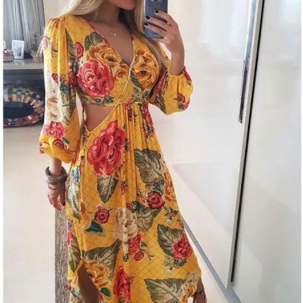 FARM Rio Yellow Floral Long Sleeve Dress